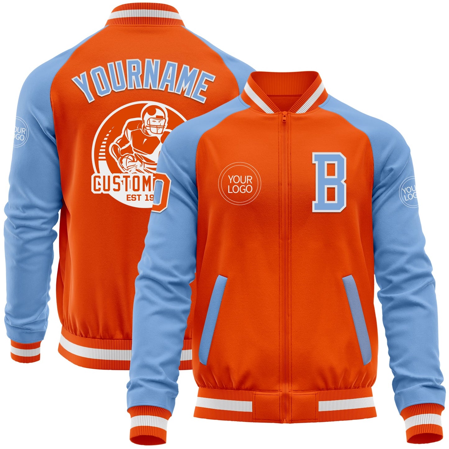 Custom Orange White-Light Blue Bomber Varsity Letterman Two Tone Zipper Jacket - Main View