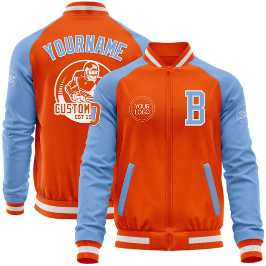 Custom Orange White-Light Blue Bomber Varsity Letterman Two Tone Zipper Jacket - Main View