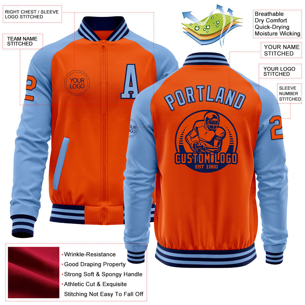 Custom Orange Navy-Light Blue Bomber Varsity Letterman Two Tone Zipper Jacket view 4
