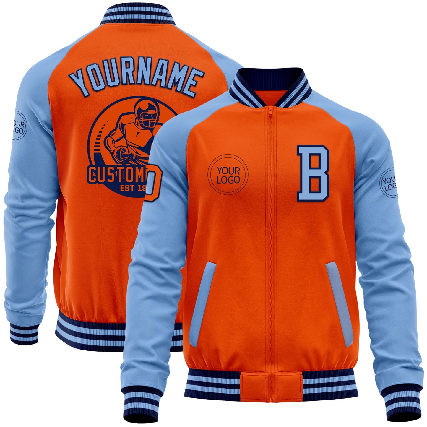 Custom Orange Navy-Light Blue Bomber Varsity Letterman Two Tone Zipper Jacket - Main View