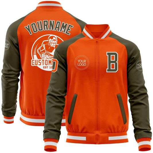 Custom Orange White-Olive Bomber Varsity Letterman Two Tone Zipper Jacket - Main View