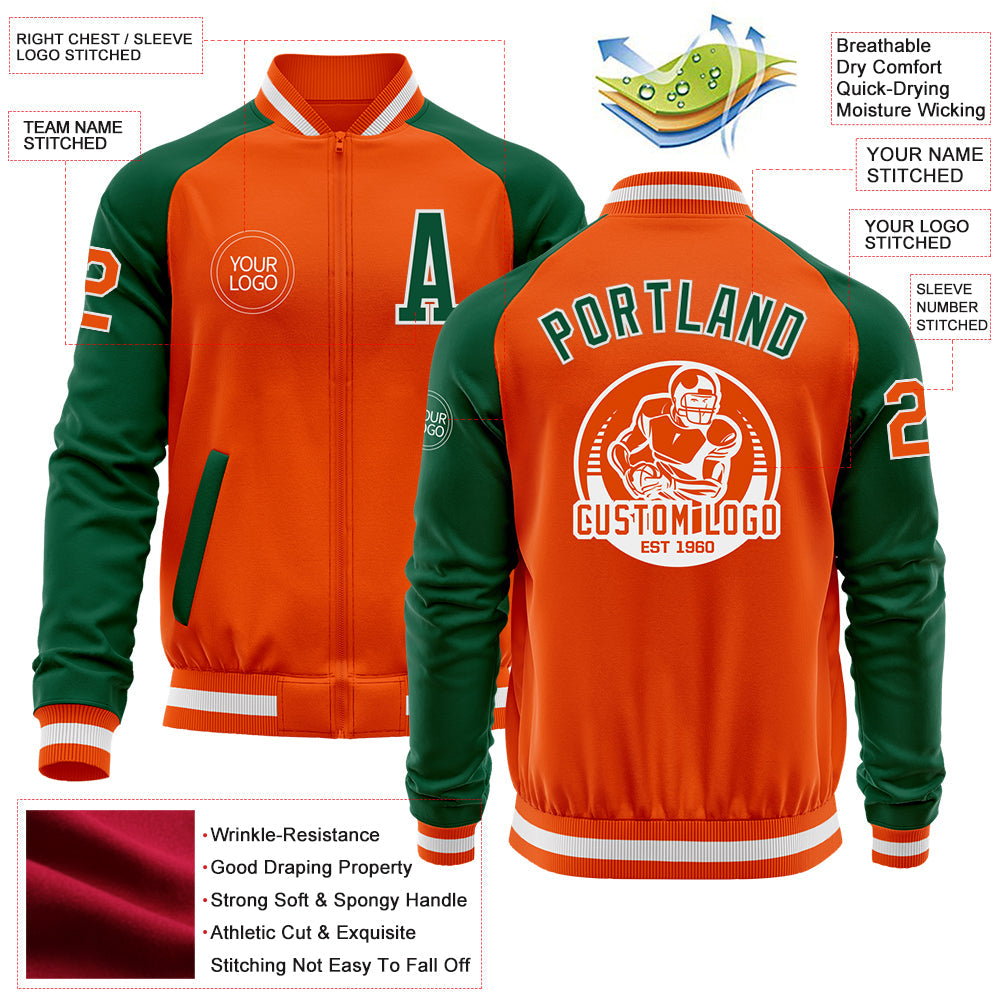 Custom Orange White-Kelly Green Bomber Varsity Letterman Two Tone Zipper Jacket view 4