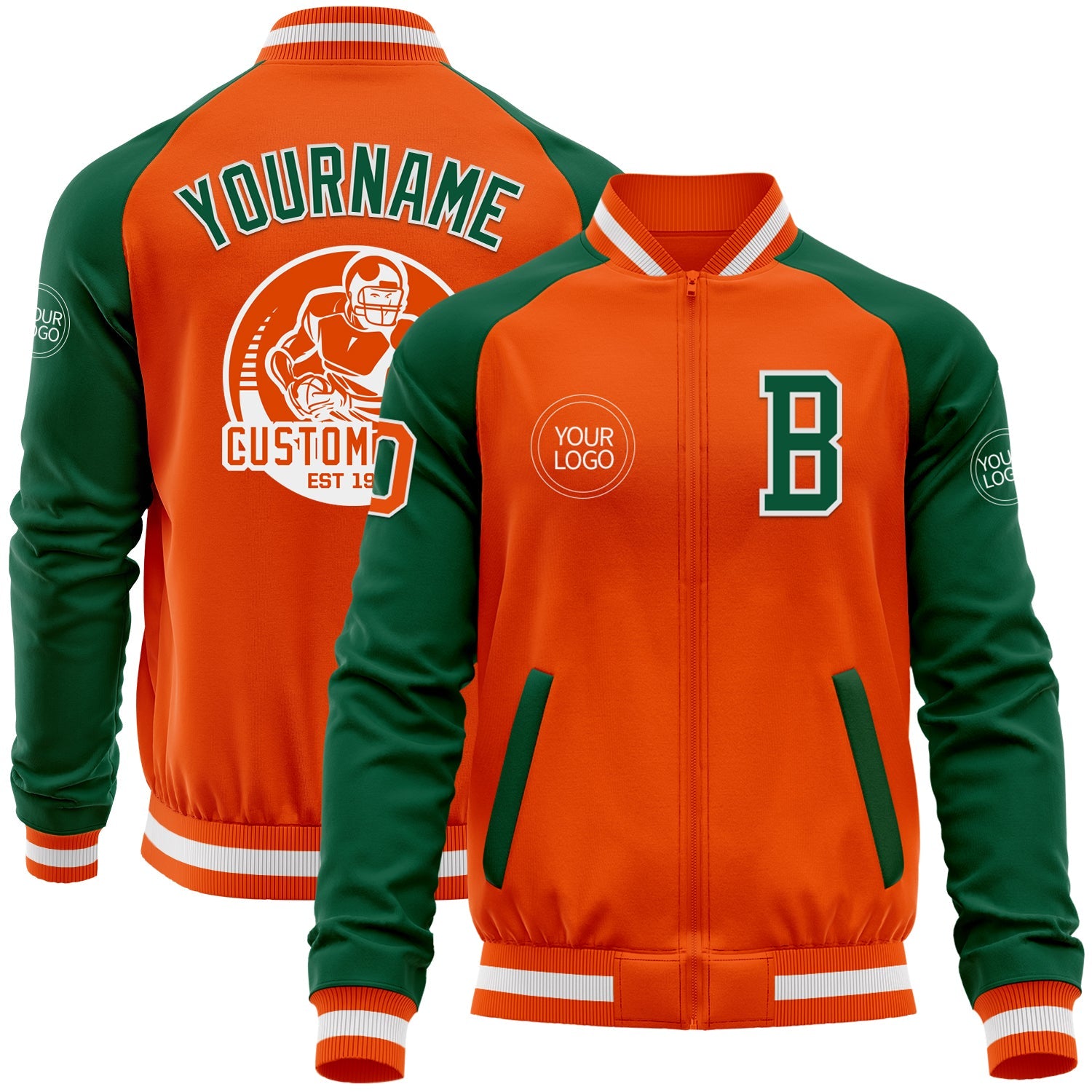 Custom Orange White-Kelly Green Bomber Varsity Letterman Two Tone Zipper Jacket - Main View