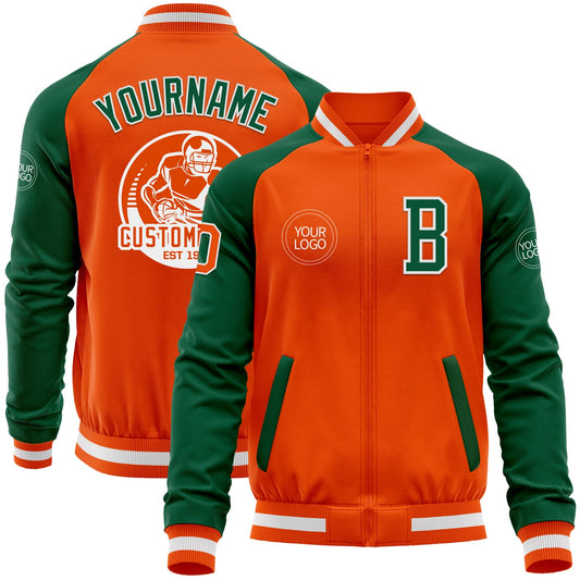 Custom Orange White-Kelly Green Bomber Varsity Letterman Two Tone Zipper Jacket - Main View