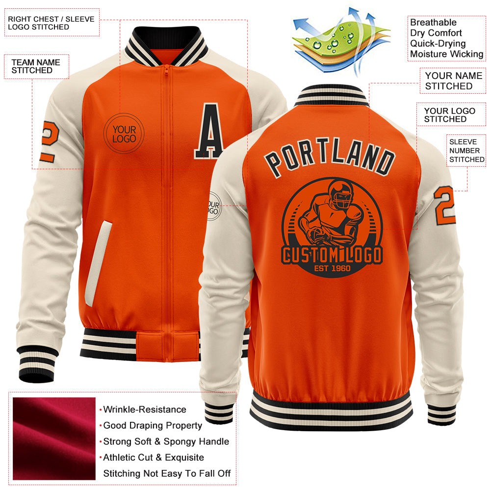 Custom Orange Black-Cream Bomber Varsity Letterman Two Tone Zipper Jacket view 4