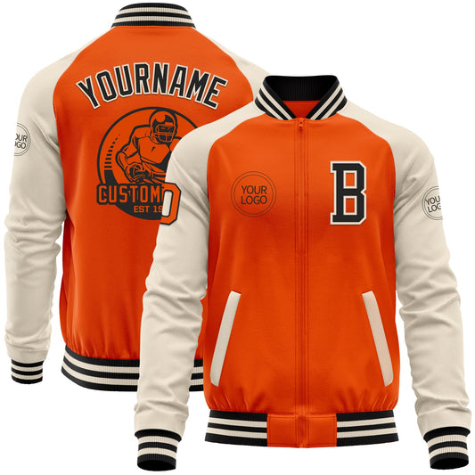 Custom Orange Black-Cream Bomber Varsity Letterman Two Tone Zipper Jacket - Main View