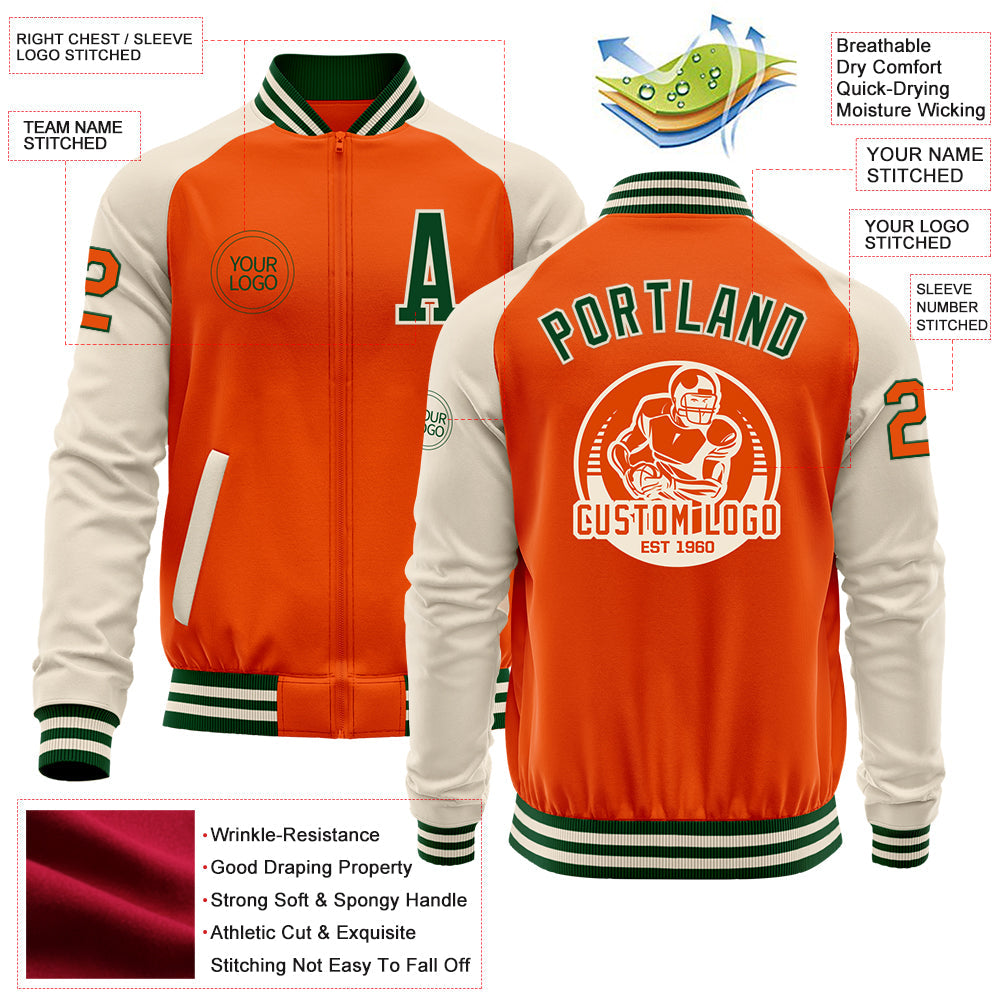 Custom Orange Green-Cream Bomber Varsity Letterman Two Tone Zipper Jacket view 4