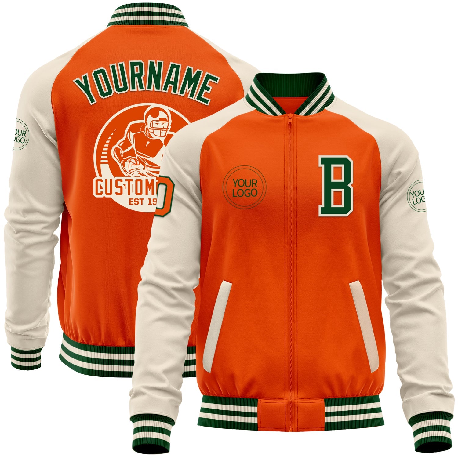 Custom Orange Green-Cream Bomber Varsity Letterman Two Tone Zipper Jacket - Main View