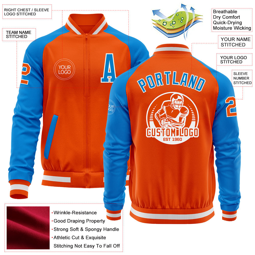 Custom Orange White-Powder Blue Bomber Varsity Letterman Two Tone Zipper Jacket view 4