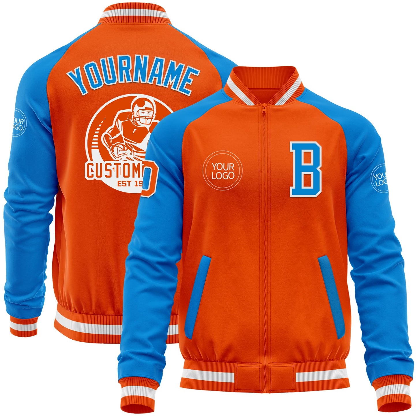 Custom Orange White-Powder Blue Bomber Varsity Letterman Two Tone Zipper Jacket - Main View