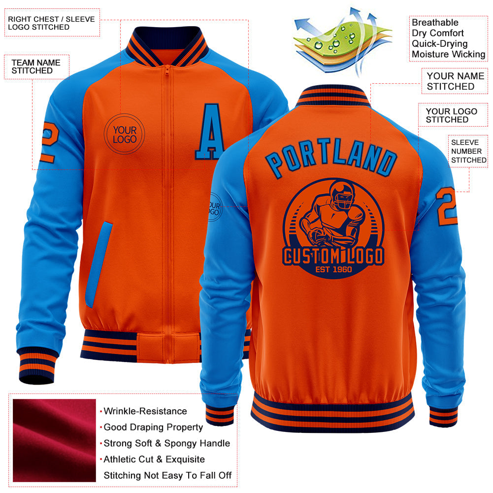 Custom Orange Navy-Powder Blue Bomber Varsity Letterman Two Tone Zipper Jacket view 4