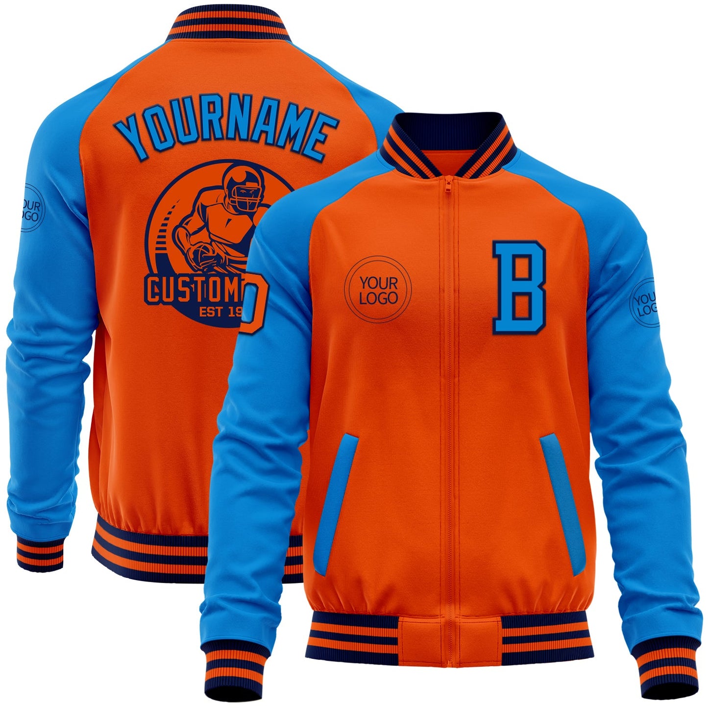 Custom Orange Navy-Powder Blue Bomber Varsity Letterman Two Tone Zipper Jacket - Main View