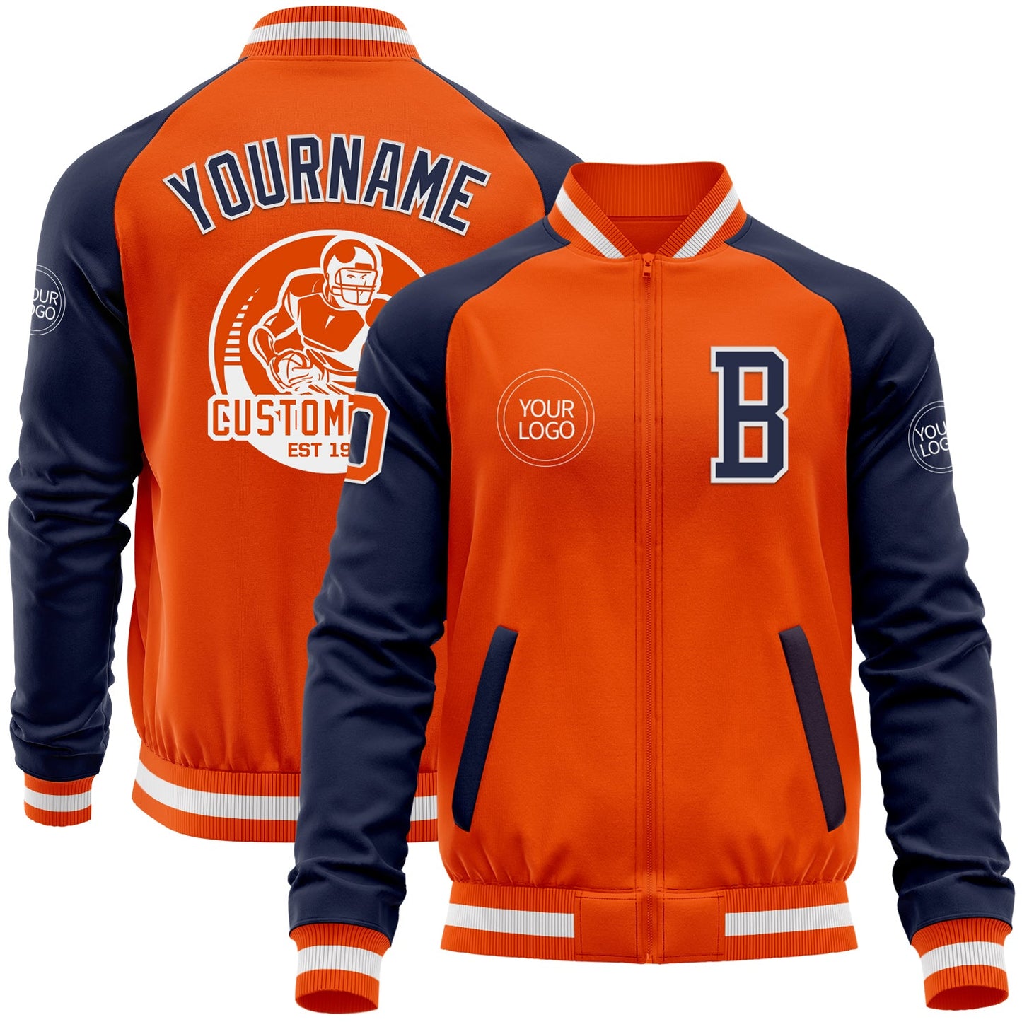 Custom Orange White-Navy Bomber Varsity Letterman Two Tone Zipper Jacket - Main View