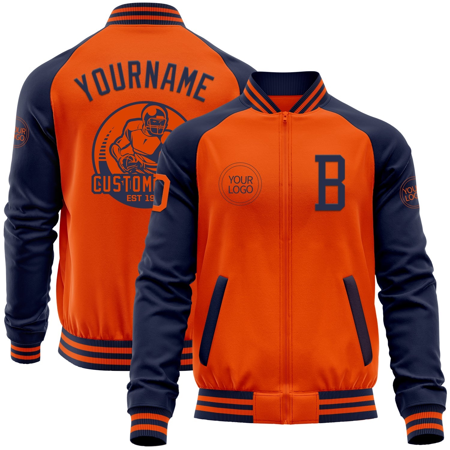 Custom Orange Navy Bomber Varsity Letterman Two Tone Zipper Jacket - Main View