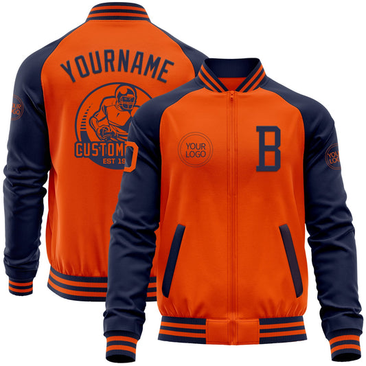 Custom Orange Navy Bomber Varsity Letterman Two Tone Zipper Jacket - Main View