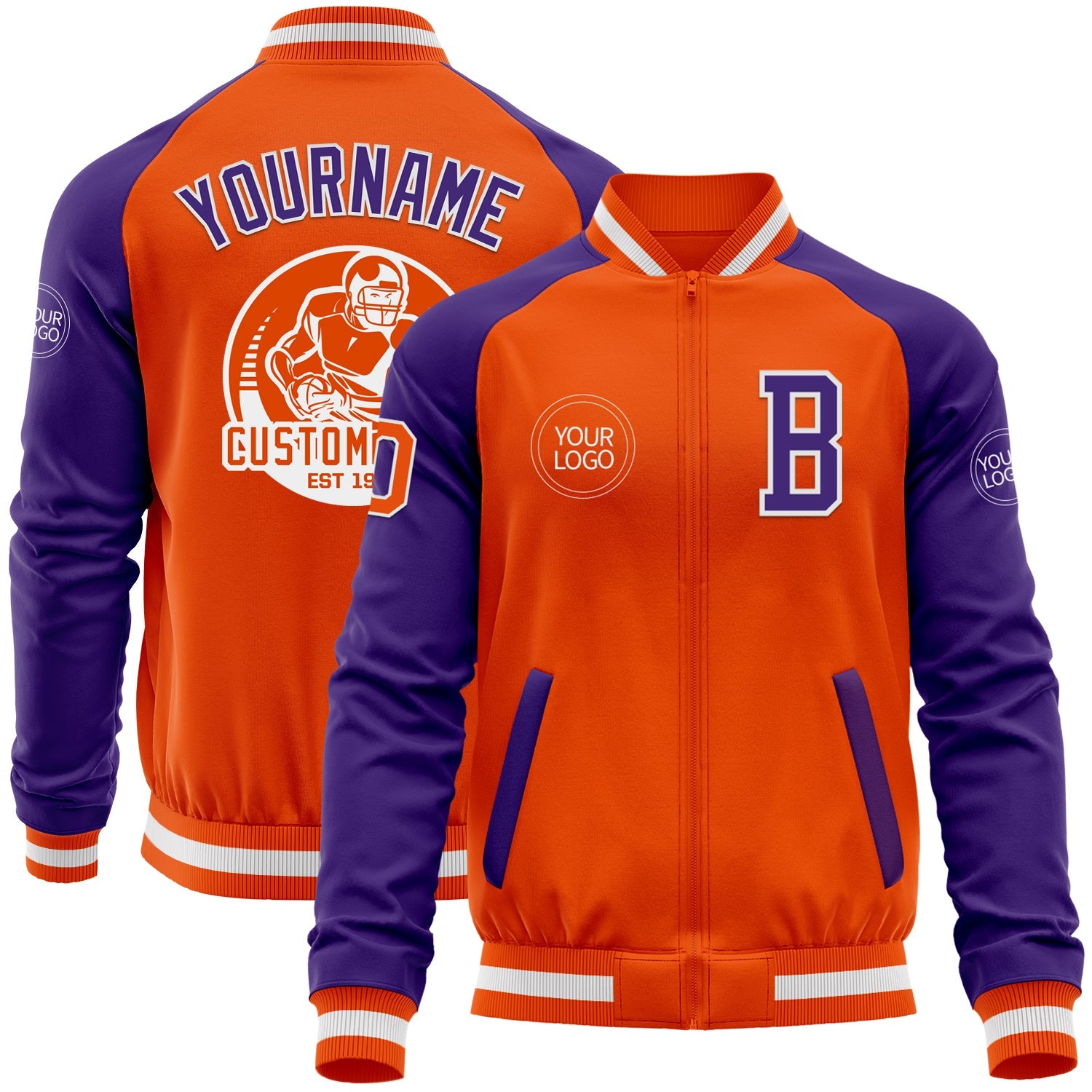 Custom Orange White-Purple Bomber Varsity Letterman Two Tone Zipper Jacket - Main View