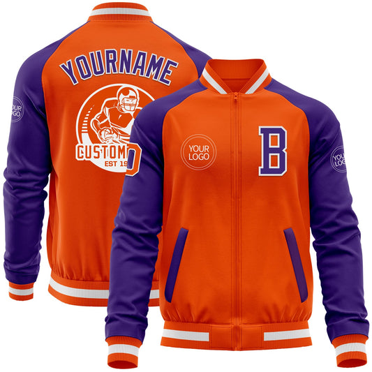 Custom Orange White-Purple Bomber Varsity Letterman Two Tone Zipper Jacket - Main View