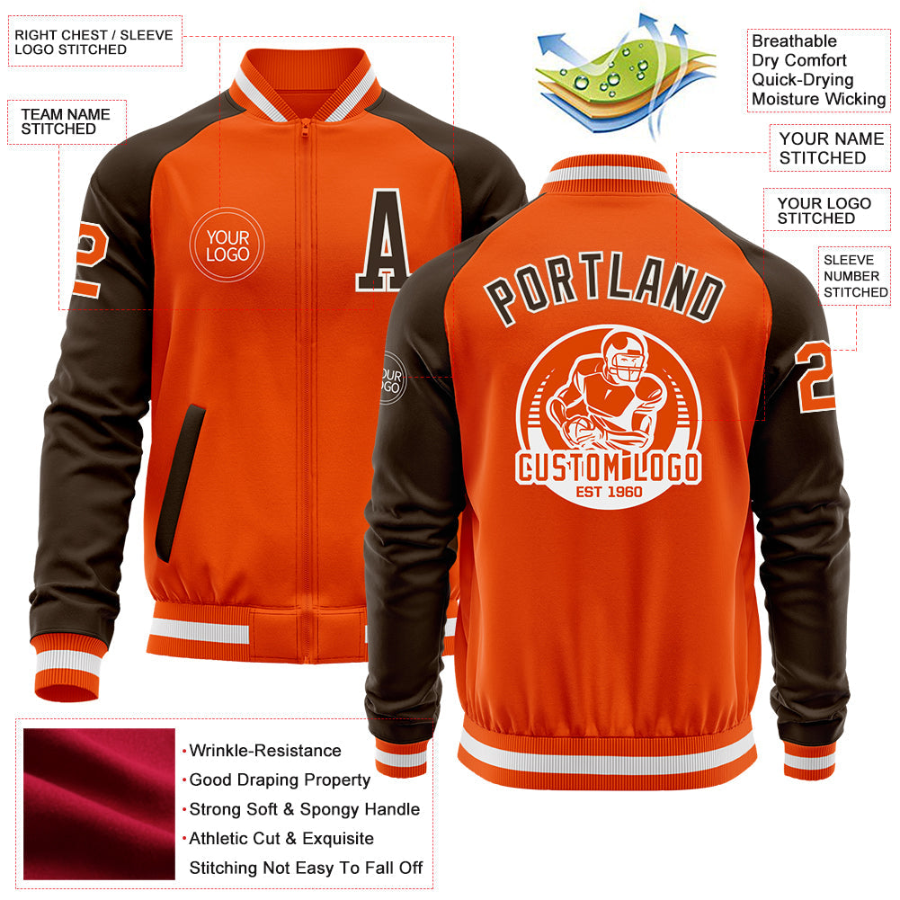 Custom Orange White-Brown Bomber Varsity Letterman Two Tone Zipper Jacket view 4