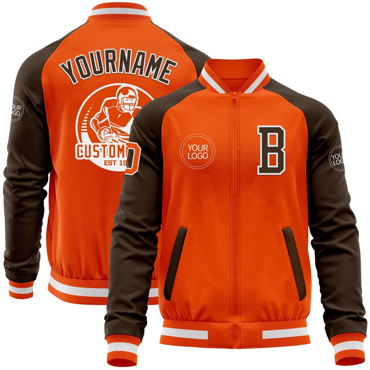 Custom Orange White-Brown Bomber Varsity Letterman Two Tone Zipper Jacket - Main View