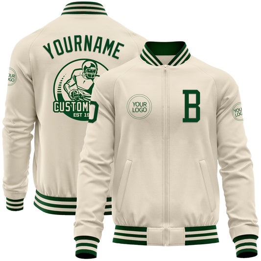 Custom Cream Green Bomber Varsity Letterman Zipper Jacket - Main View
