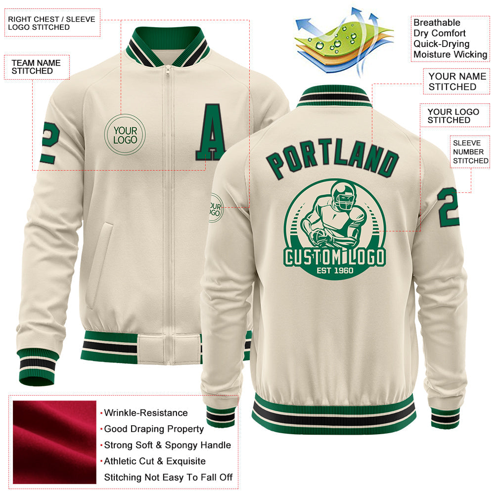Custom Cream Kelly Green-Black Bomber Varsity Letterman Zipper Jacket view 4