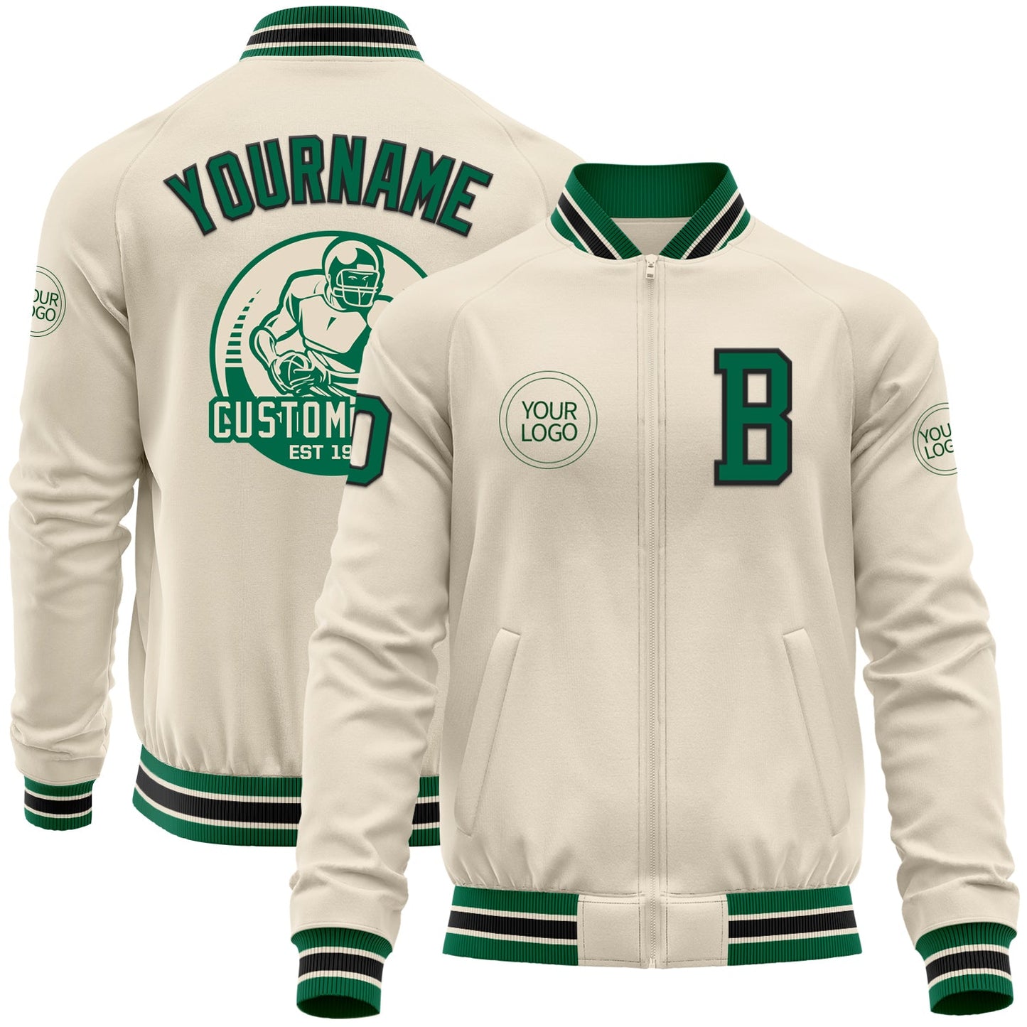 Custom Cream Kelly Green-Black Bomber Varsity Letterman Zipper Jacket - Main View
