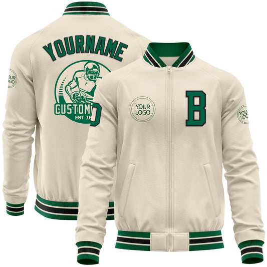 Custom Cream Kelly Green-Black Bomber Varsity Letterman Zipper Jacket - Main View