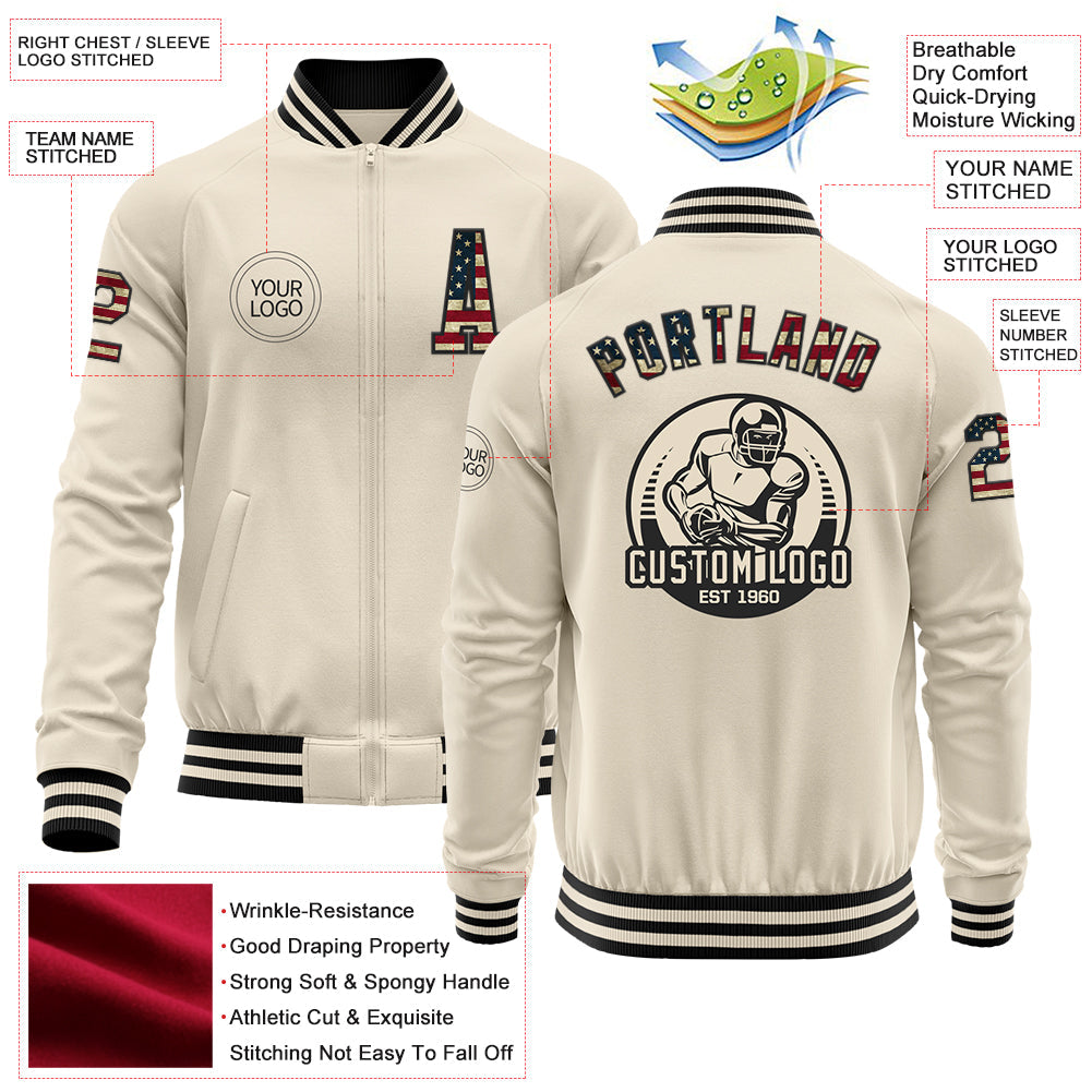 Custom Cream Vintage USA Flag-Black Bomber Varsity Letterman Zipper Jacket view 4