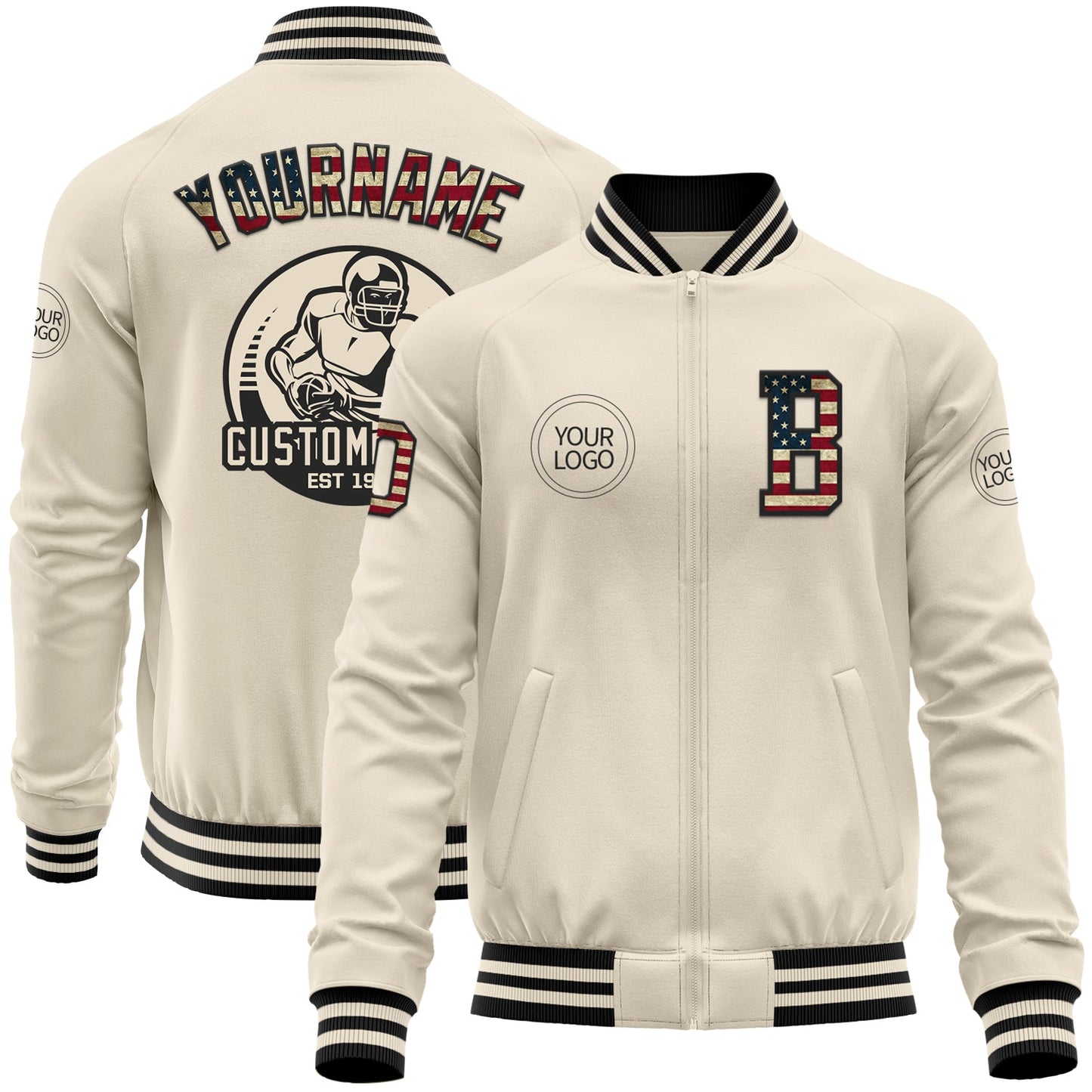 Custom Cream Vintage USA Flag-Black Bomber Varsity Letterman Zipper Jacket - Main View