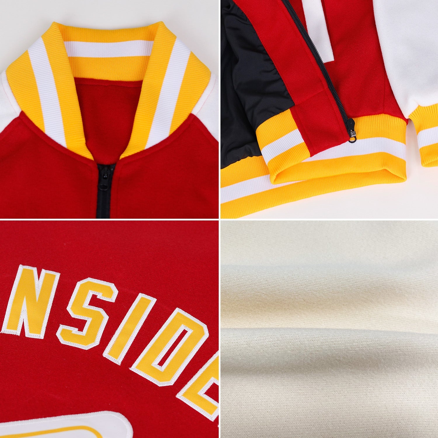 Custom Cream Black Bomber Varsity Letterman Zipper Jacket view 2