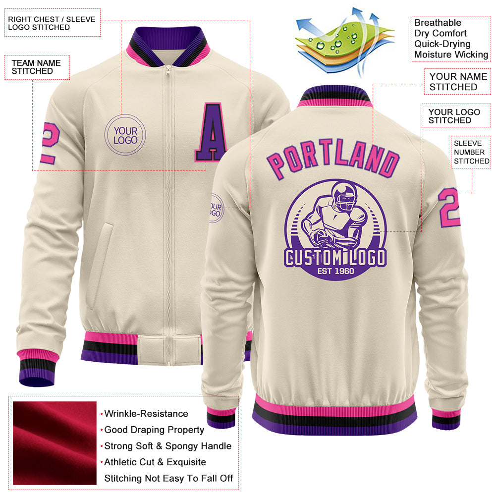 Custom Cream Pink Purple-Black Bomber Varsity Letterman Zipper Jacket view 4