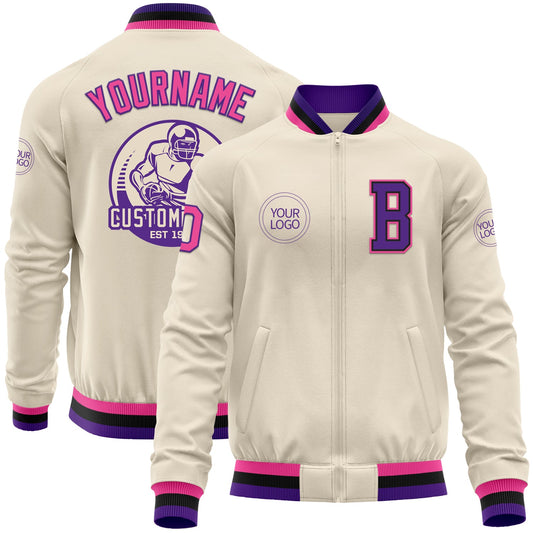 Custom Cream Pink Purple-Black Bomber Varsity Letterman Zipper Jacket - Main View