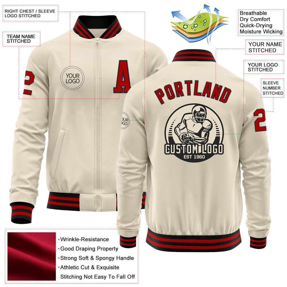 Custom Cream Red-Black Bomber Varsity Letterman Zipper Jacket view 4
