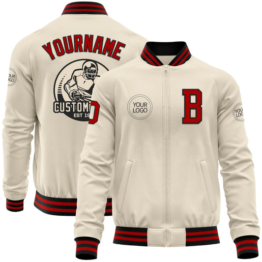 Custom Cream Red-Black Bomber Varsity Letterman Zipper Jacket - Main View