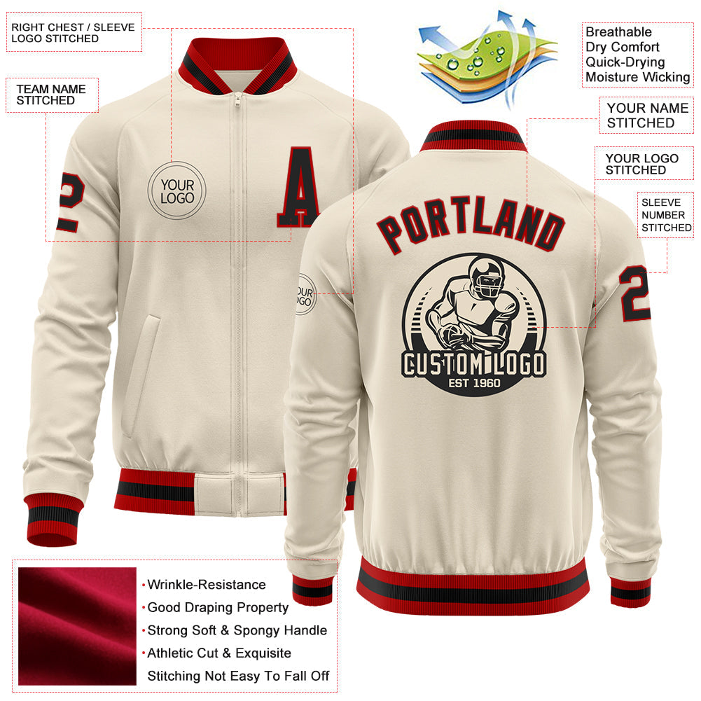Custom Cream Black-Red Bomber Varsity Letterman Zipper Jacket view 4