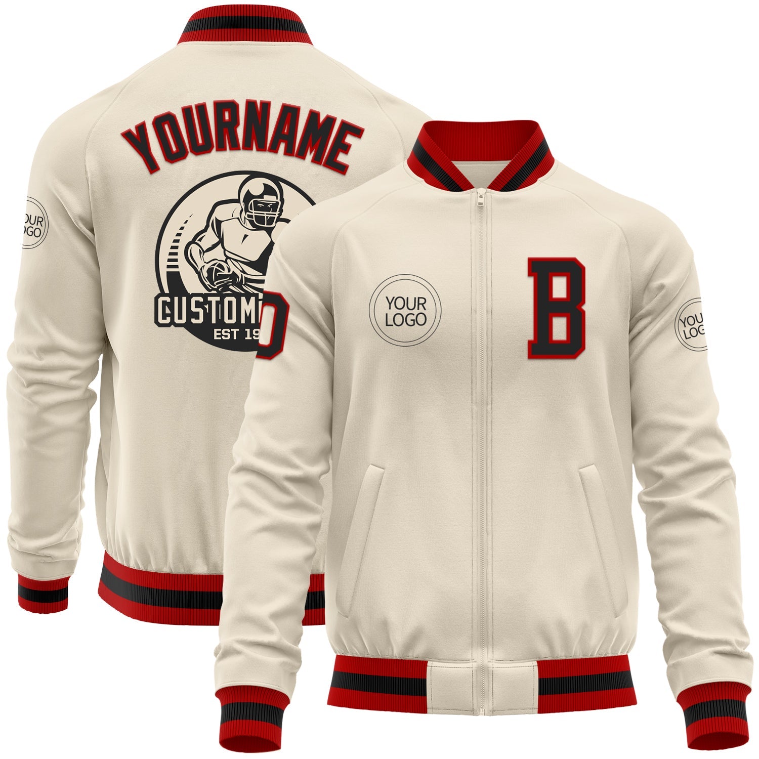 Custom Cream Black-Red Bomber Varsity Letterman Zipper Jacket - Main View