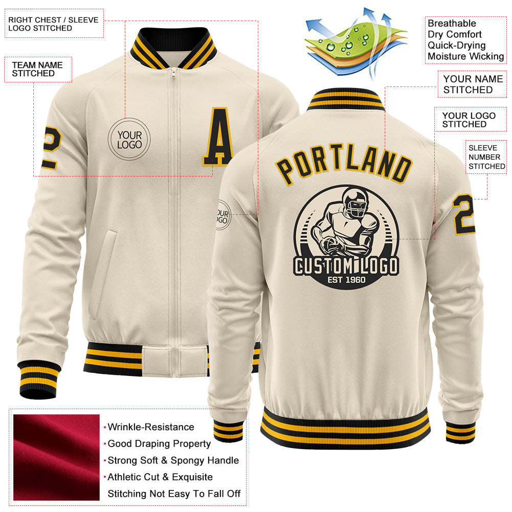 Custom Cream Black-Gold Bomber Varsity Letterman Zipper Jacket view 4