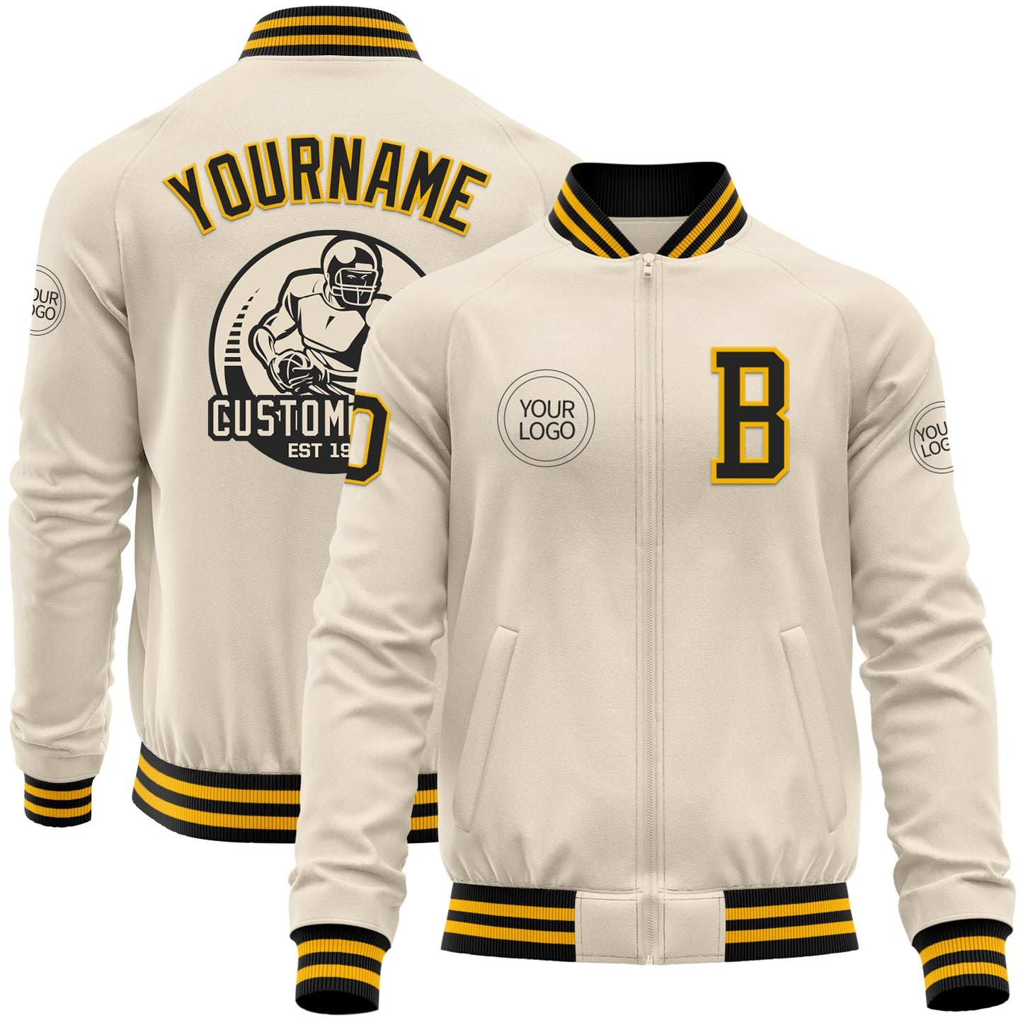 Custom Cream Black-Gold Bomber Varsity Letterman Zipper Jacket - Main View