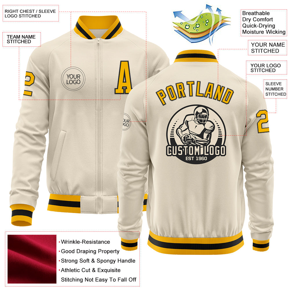 Custom Cream Gold-Black Bomber Varsity Letterman Zipper Jacket view 4