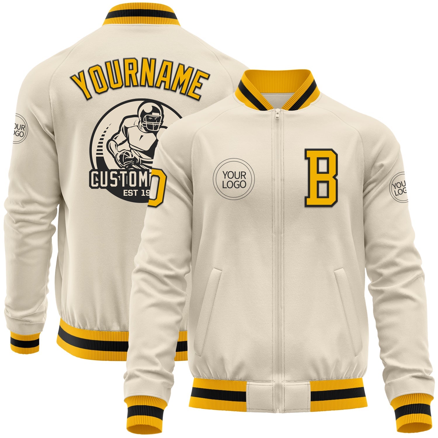 Custom Cream Gold-Black Bomber Varsity Letterman Zipper Jacket - Main View