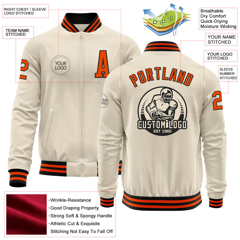 Custom Cream Orange-Black Bomber Varsity Letterman Zipper Jacket view 4