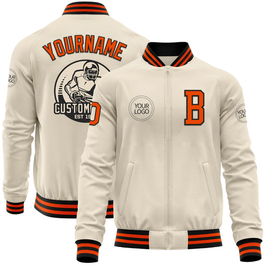 Custom Cream Orange-Black Bomber Varsity Letterman Zipper Jacket - Main View
