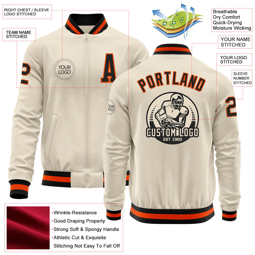 Custom Cream Black-Orange Bomber Varsity Letterman Zipper Jacket view 4