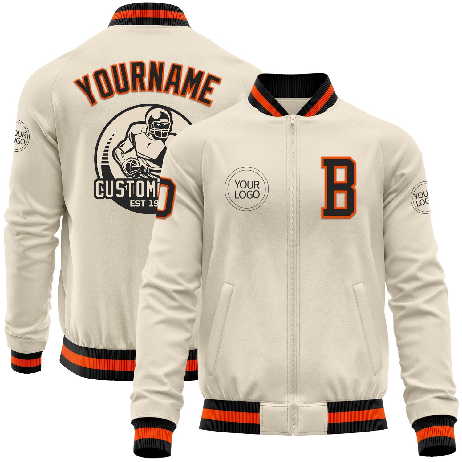 Custom Cream Black-Orange Bomber Varsity Letterman Zipper Jacket - Main View