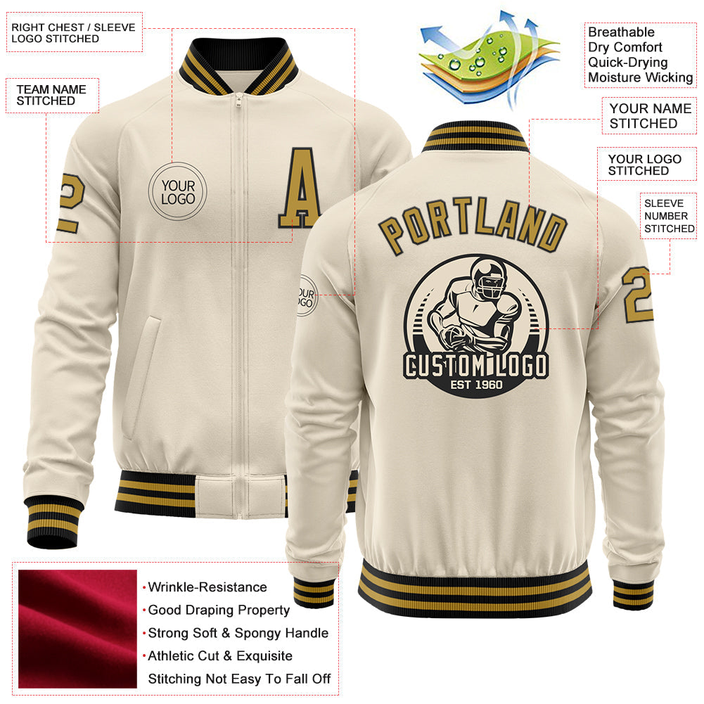 Custom Cream Old Gold-Black Bomber Varsity Letterman Zipper Jacket view 4