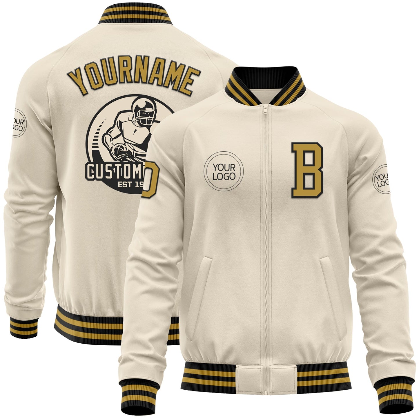 Custom Cream Old Gold-Black Bomber Varsity Letterman Zipper Jacket - Main View