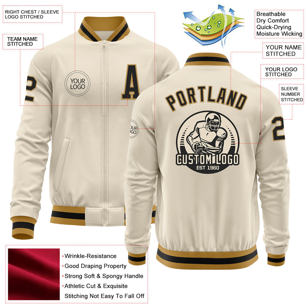 Custom Cream Black-Old Gold Bomber Varsity Letterman Zipper Jacket view 4