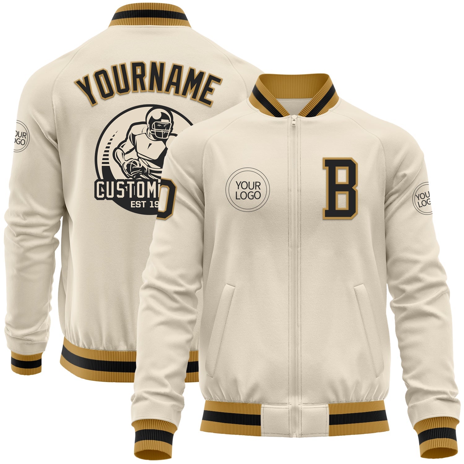 Custom Cream Black-Old Gold Bomber Varsity Letterman Zipper Jacket - Main View