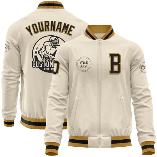 Custom Cream Black-Old Gold Bomber Varsity Letterman Zipper Jacket - Main View
