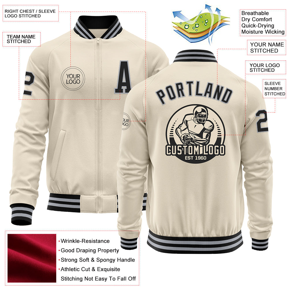 Custom Cream Black-Gray Bomber Varsity Letterman Zipper Jacket view 4